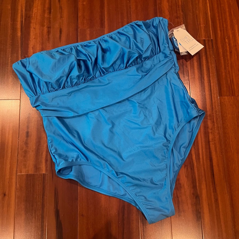 Time‎ Tru Swimsuit Plus One Piece Blue Ruche Convertible Strap New 20W 22W 2X